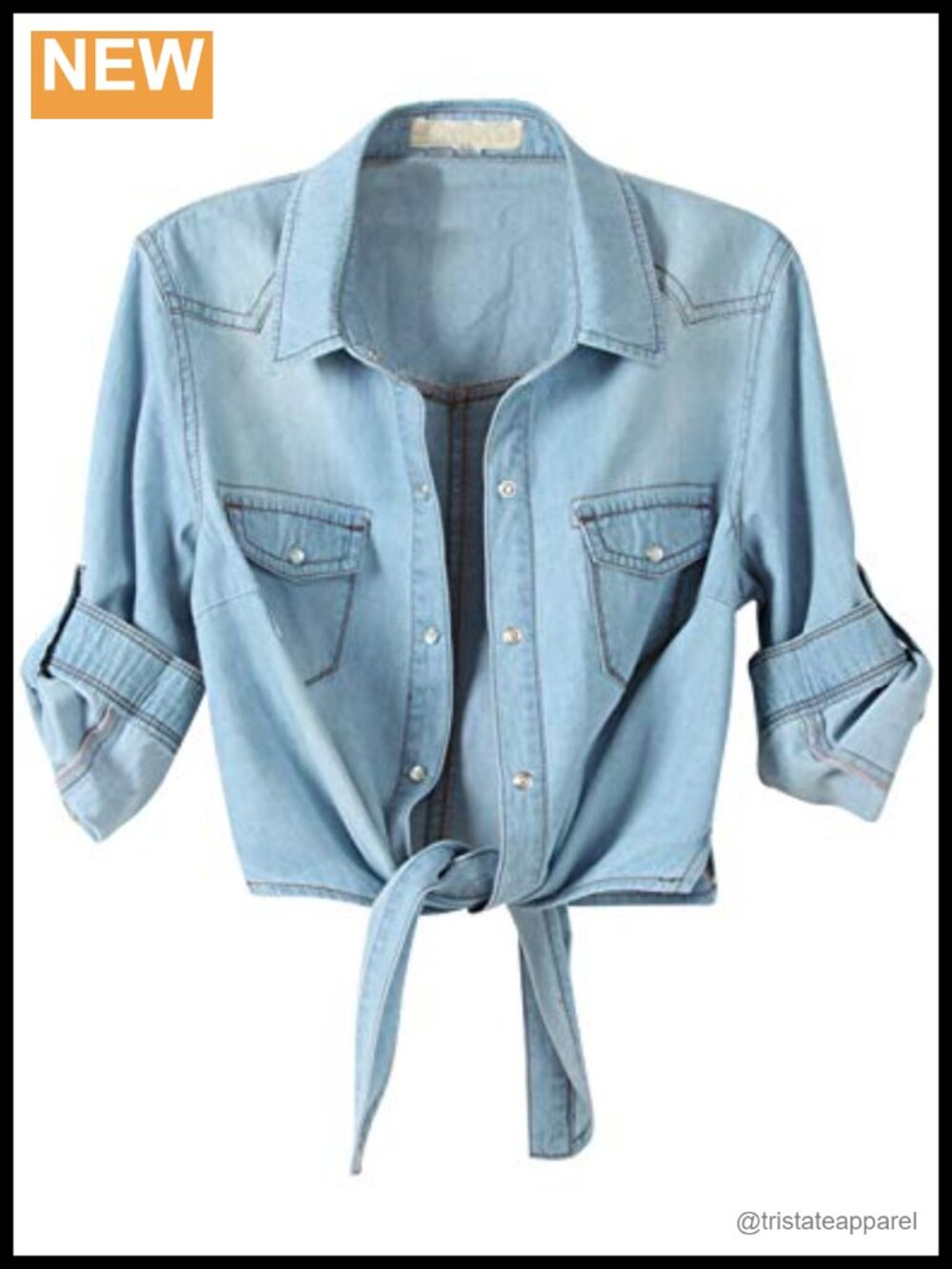 Womens Crop Denim Top Tie Knot Shirt Chambray Cardigan 3/4 Sleeve Snap Button